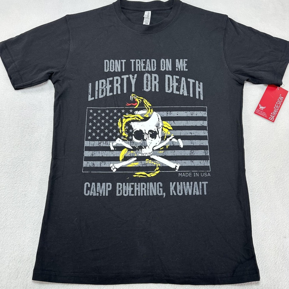 Dont Tread On Me Shirt Mens Small Black Liberty Or Death Skull USA‎ Flag Camp